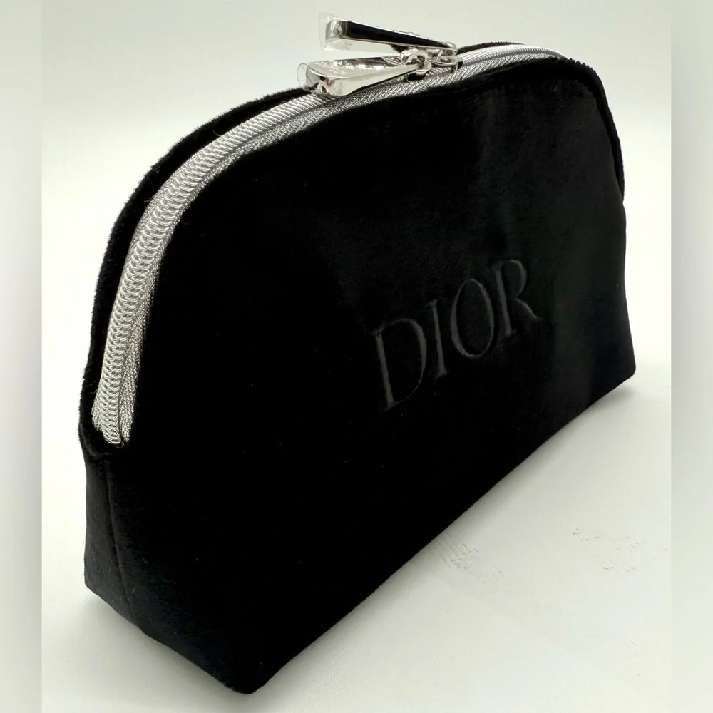 CHRISTIAN DIOR Velvet Embroidered Logo Zippered Luxury Makeup Pouch Bag OS NEW